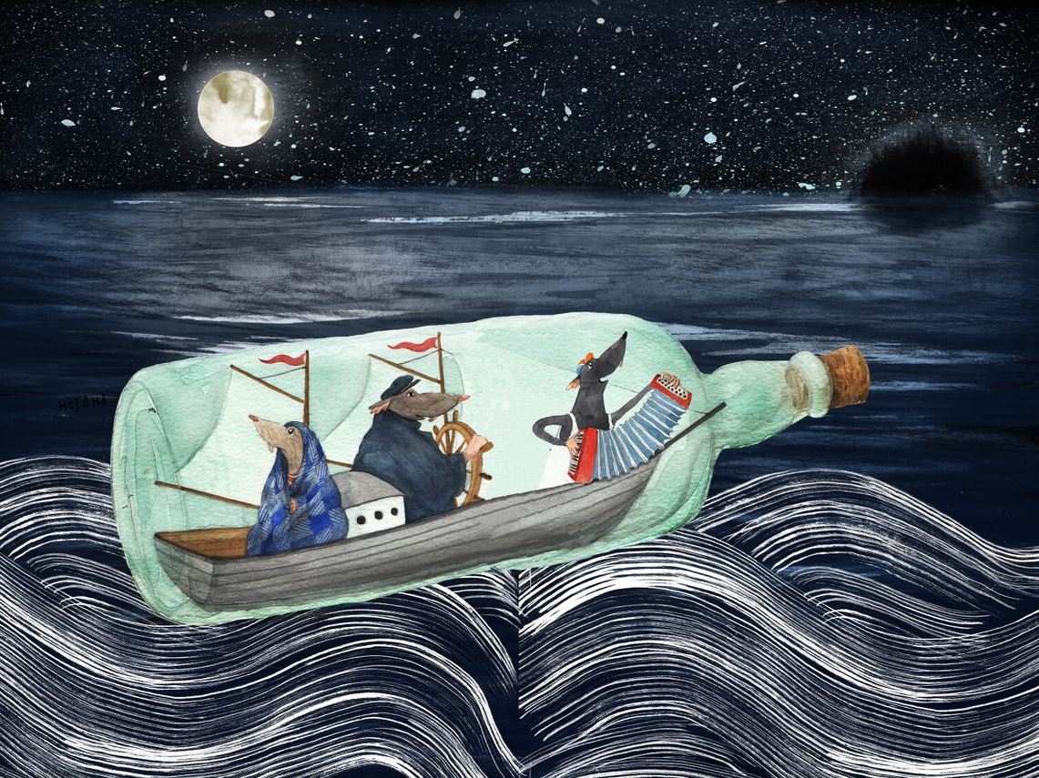 Illustration av råttorna som medverkar i historien, seglandes en båt i en flaska