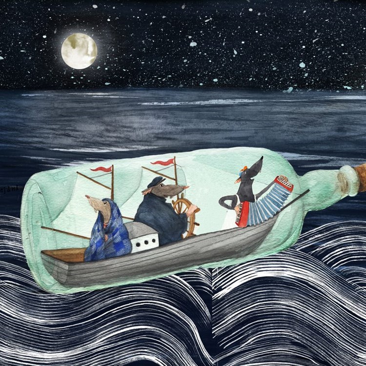 Illustration av råttorna som medverkar i historien, seglandes en båt i en flaska