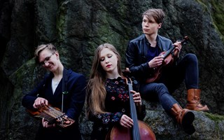 De tre musikerna i gruppen Trio Törn sitter med sina instrument på en mörk klippa