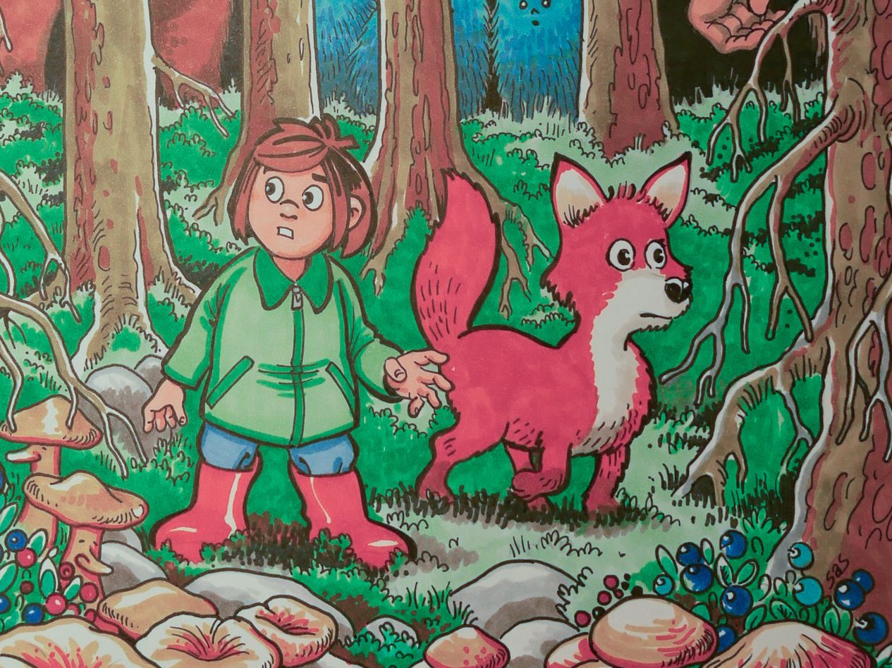 Illustration på Kula och Ruff när de går igenom en mörk skog. I bak...