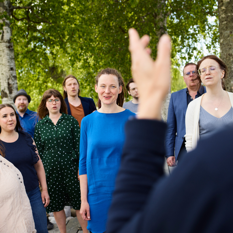 Kör som sjunger bland björkar i sommarskrud