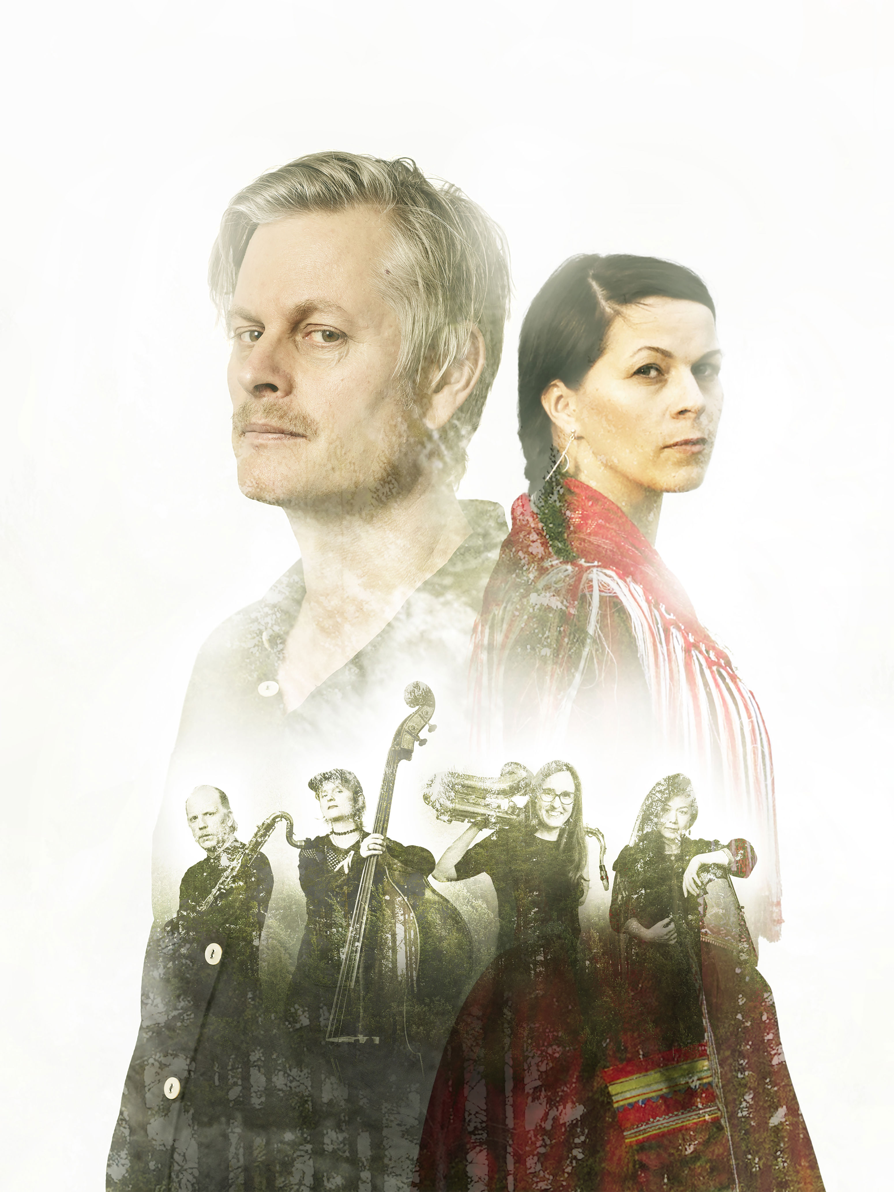 Ett fotomontage med två personer, en man och en kvinna som delvis smälter ihop. I deras kroppar framträder även fyra musiker samt inslag av skog och natur.