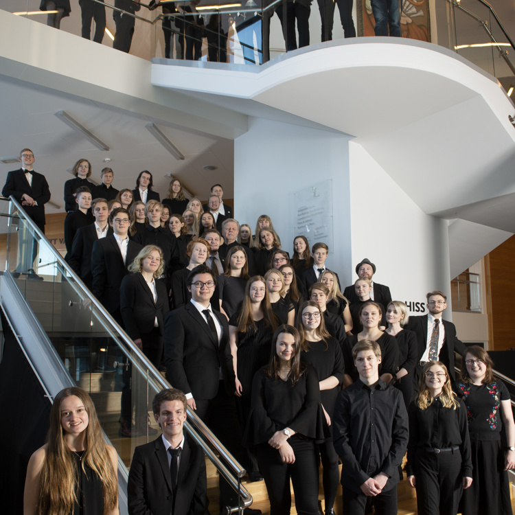 Gruppbild på Norrbottens Ungdomssymfoniker stående i en trappa