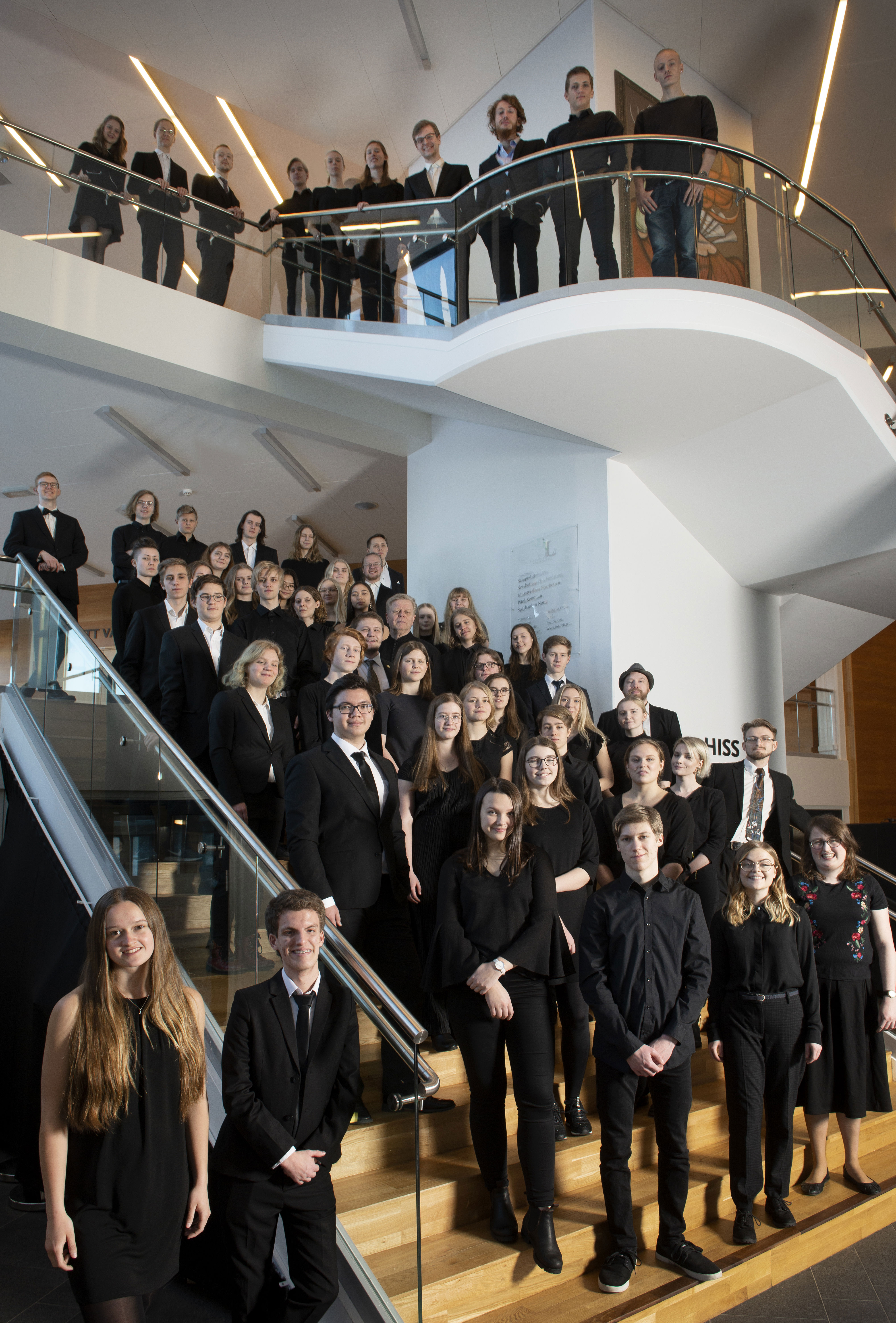 Gruppbild på Norrbottens Ungdomssymfoniker stående i en trappa