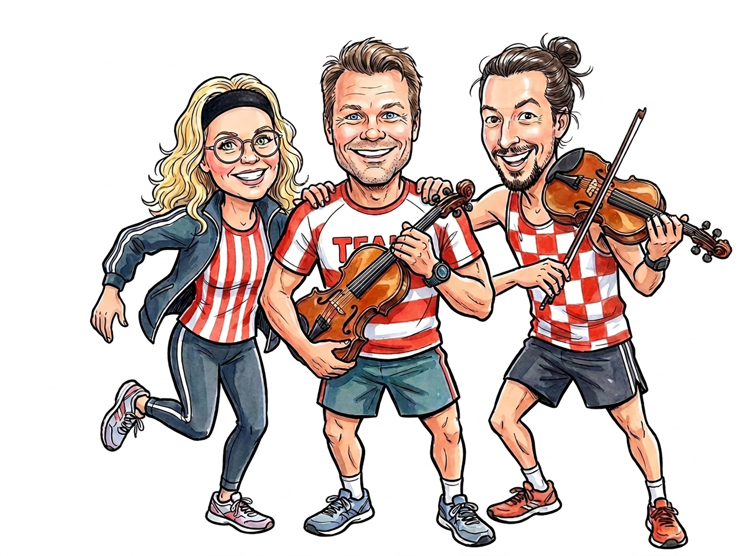 Illustration i karikatyrstil med tre sportiga musiker, en kvinna och två män. Männen håller var sin fiol.